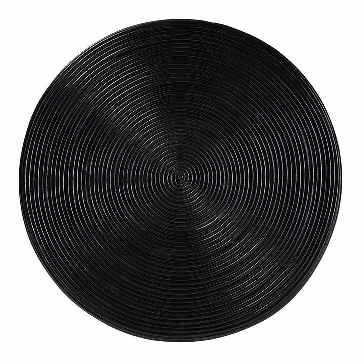 Black circular mat with concentric circle pattern on a white background