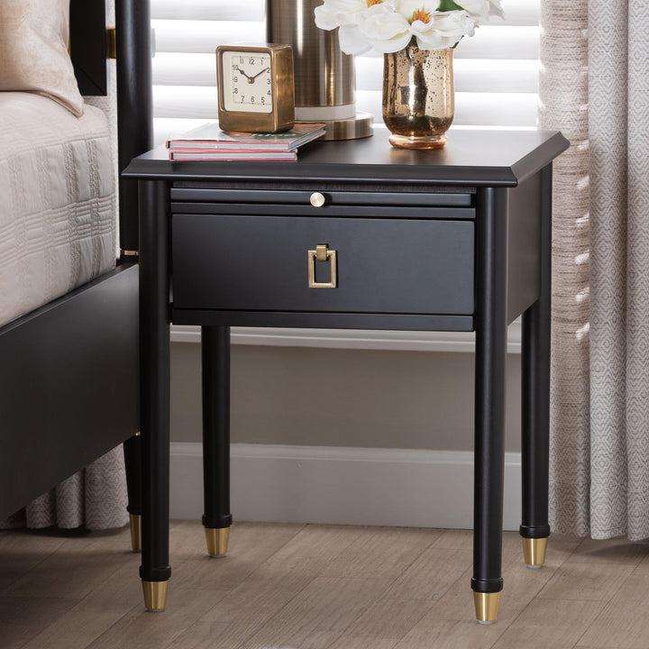 Tamra Black Wood Nightstand with Pullout Shelf