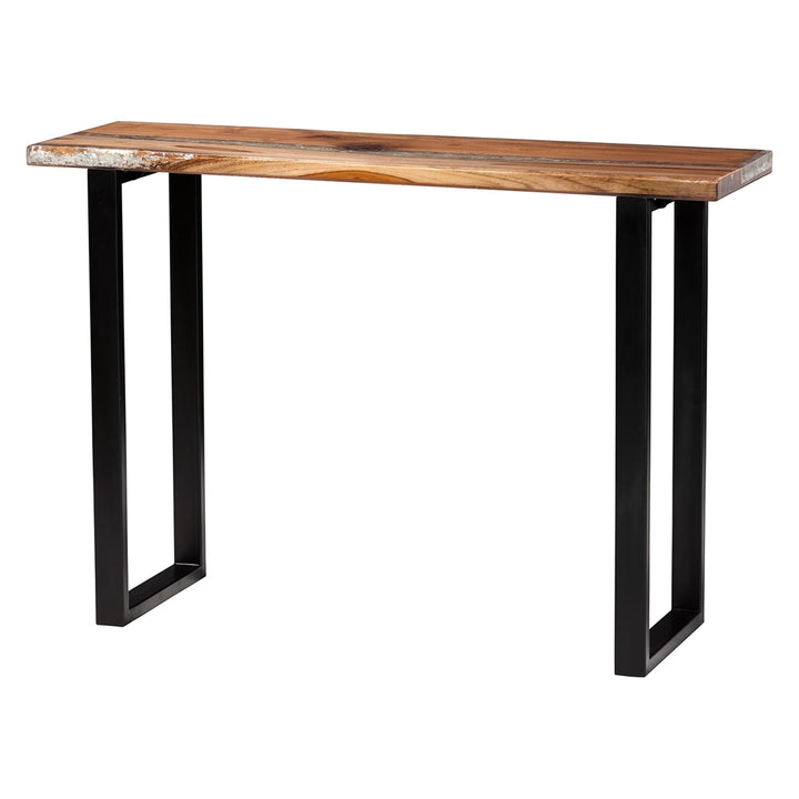Wooden table with black metal legs on a white background