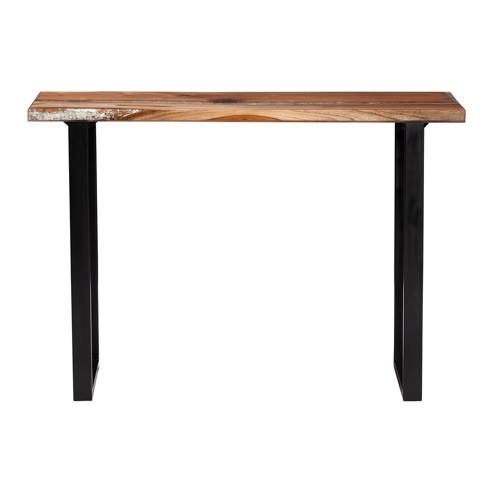 Wooden table with black metal legs on a white background