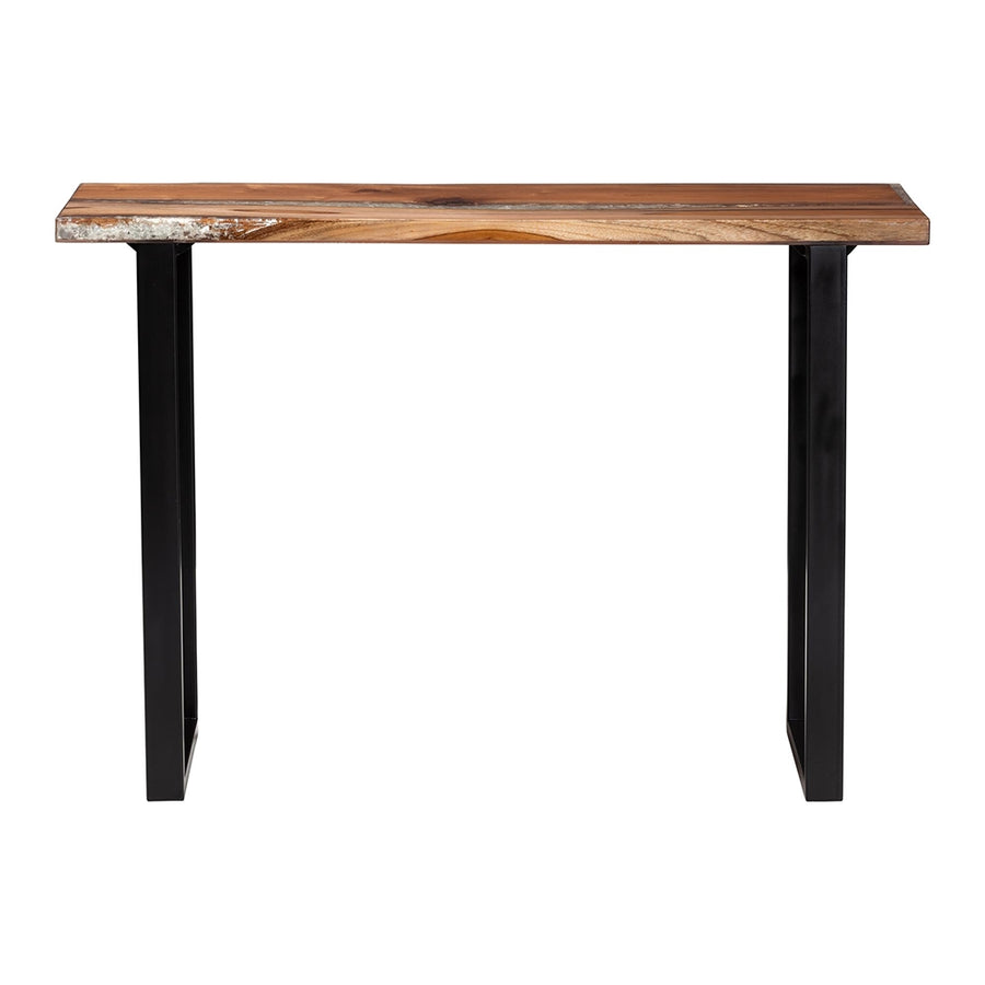 Wooden table with black metal legs on a white background