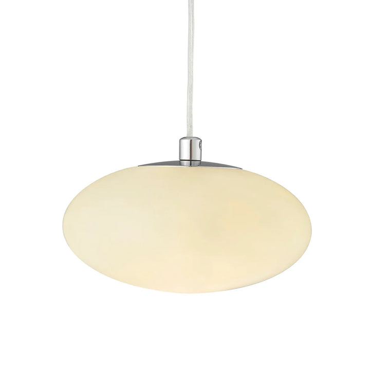 Pendant light with white glass shade and chrome fixture on a white background