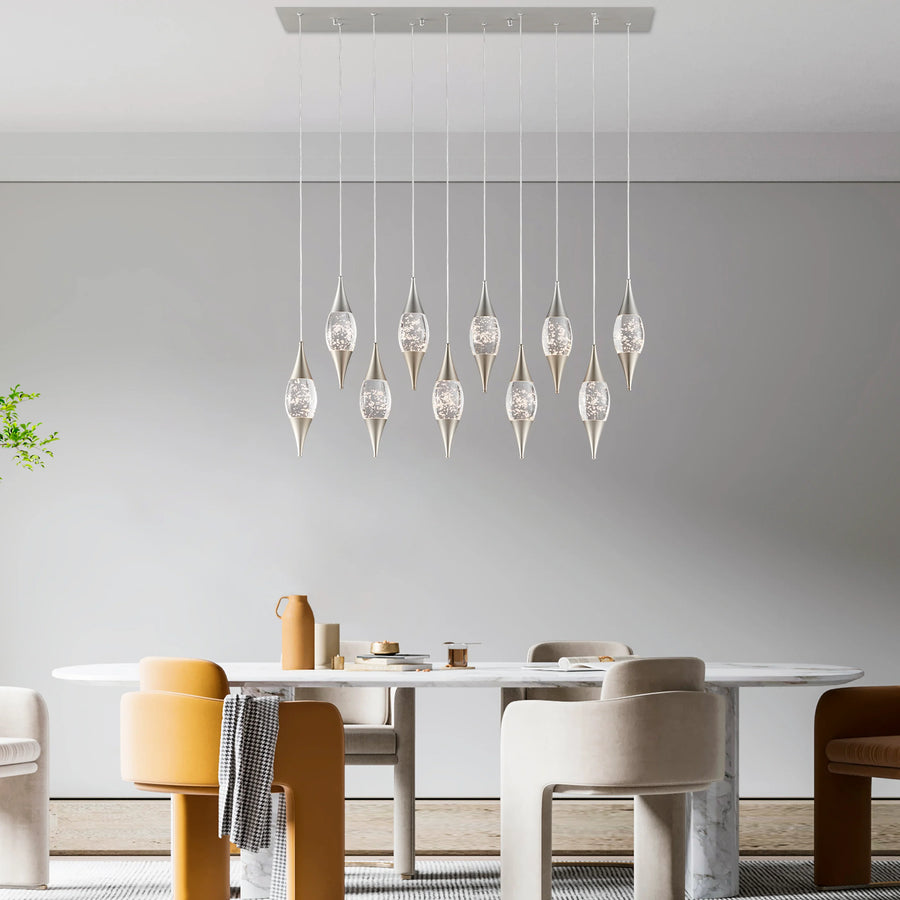 Modern dining room with a stylish pendant light fixture.