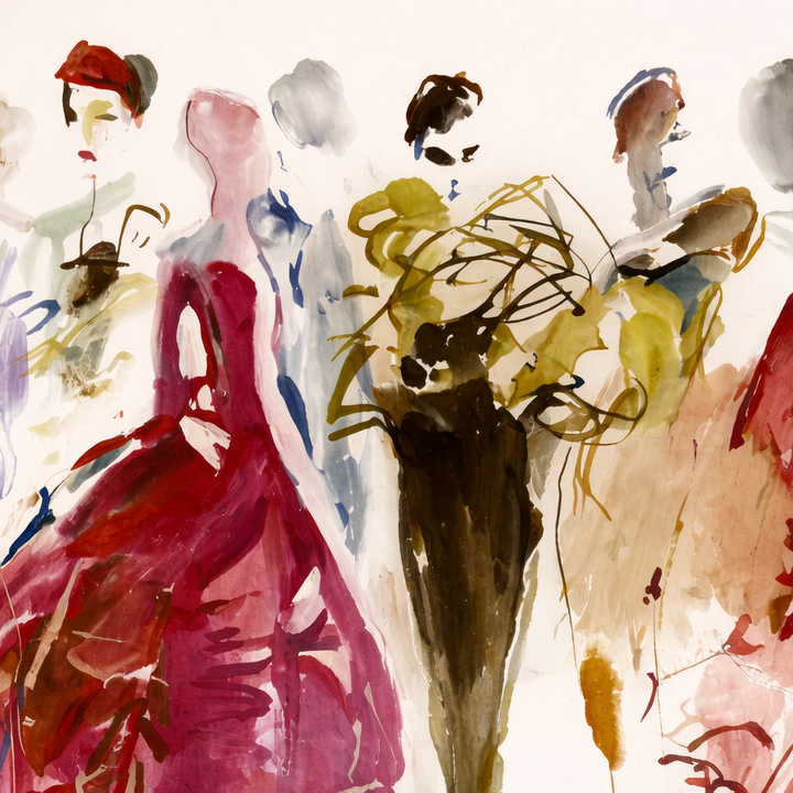 Abstract artistic depiction of people in colorful dresses on a white background