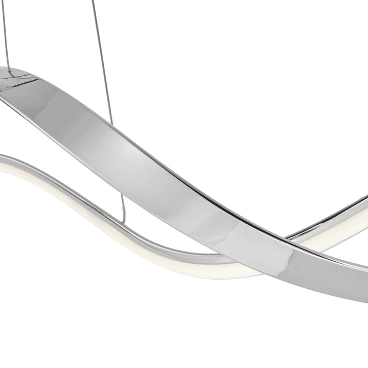 Modern chandelier with curved chrome finish on a white background