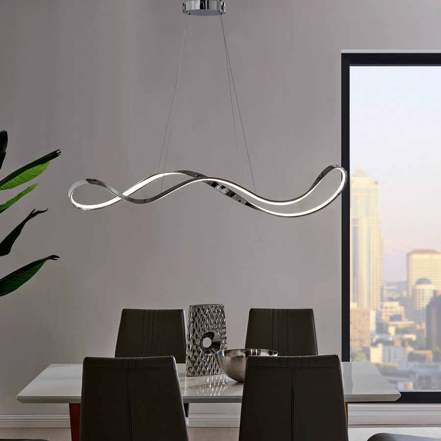 Modern pendant light hanging above a dining table with a cityscape view in the background
