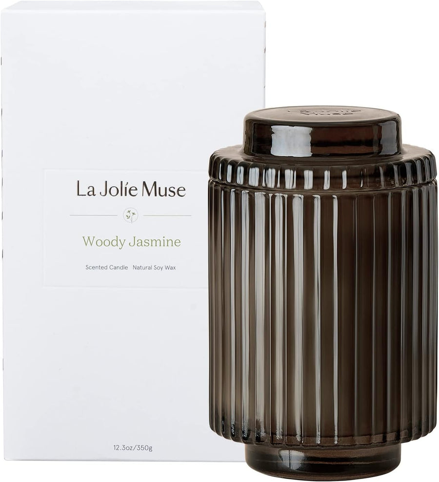 Woody Jasmine Candles for Home Scented - Luxury Jar Candles with Aesthetic Glass, Candles Gifts for Women, 80 Hours Long Burning, 12.3Oz