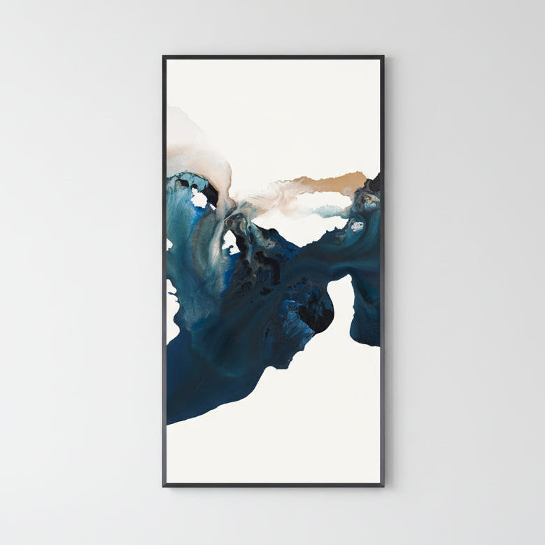 Abstract art piece with blue and beige colors on a white background
