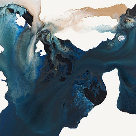 Abstract art with blue, black, and white colors on a white background