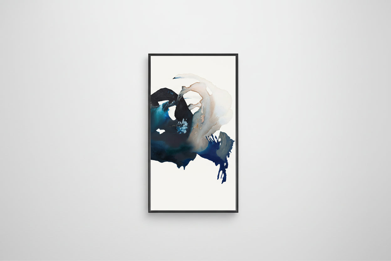 Abstract art print with blue and black colors on a white background