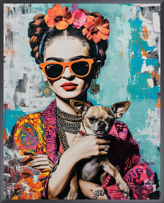 Colorful Frida Kahlo–inspired portrait of a woman wearing orange sunglasses and floral headpiece, holding a small dog, displayed in a black frame on a bright white wall above a black armchair on a dark, glossy wood floor.