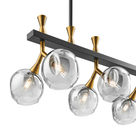 Modern chandelier with clear glass shades and gold accents on a white background