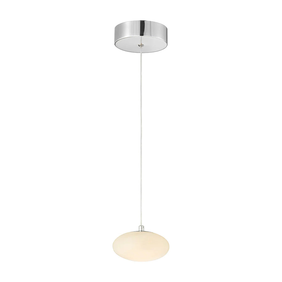 Pendant light with a round glass shade and chrome fixture on a white background