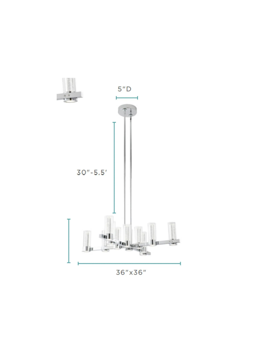 Chandelier with dimensions labeled on a white background