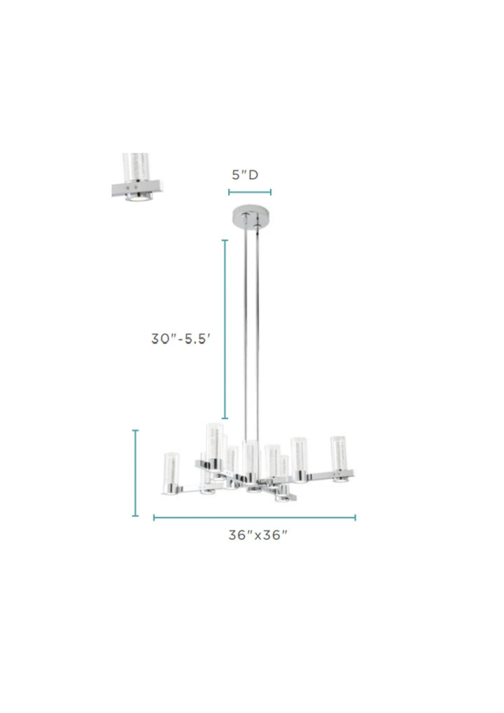 Chandelier with dimensions labeled on a white background