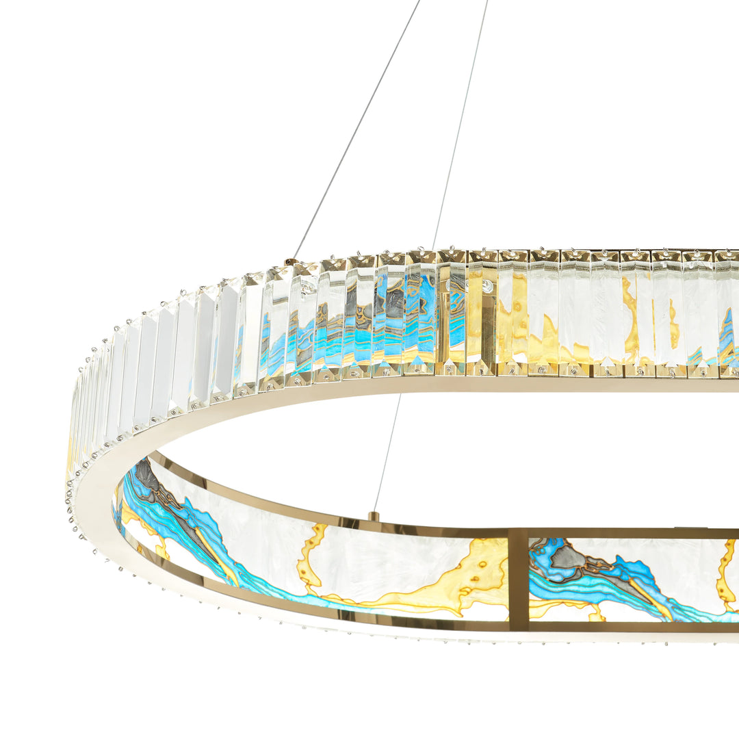 Decorative circular light fixture with artistic design on a white background