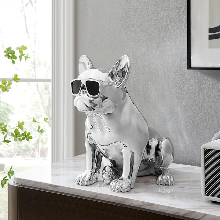 French Bulldog Sitting Sculpture. Chrome & Black