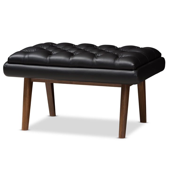 Annetha Mid-Century Modern Black Vegan Leather  Ottoman