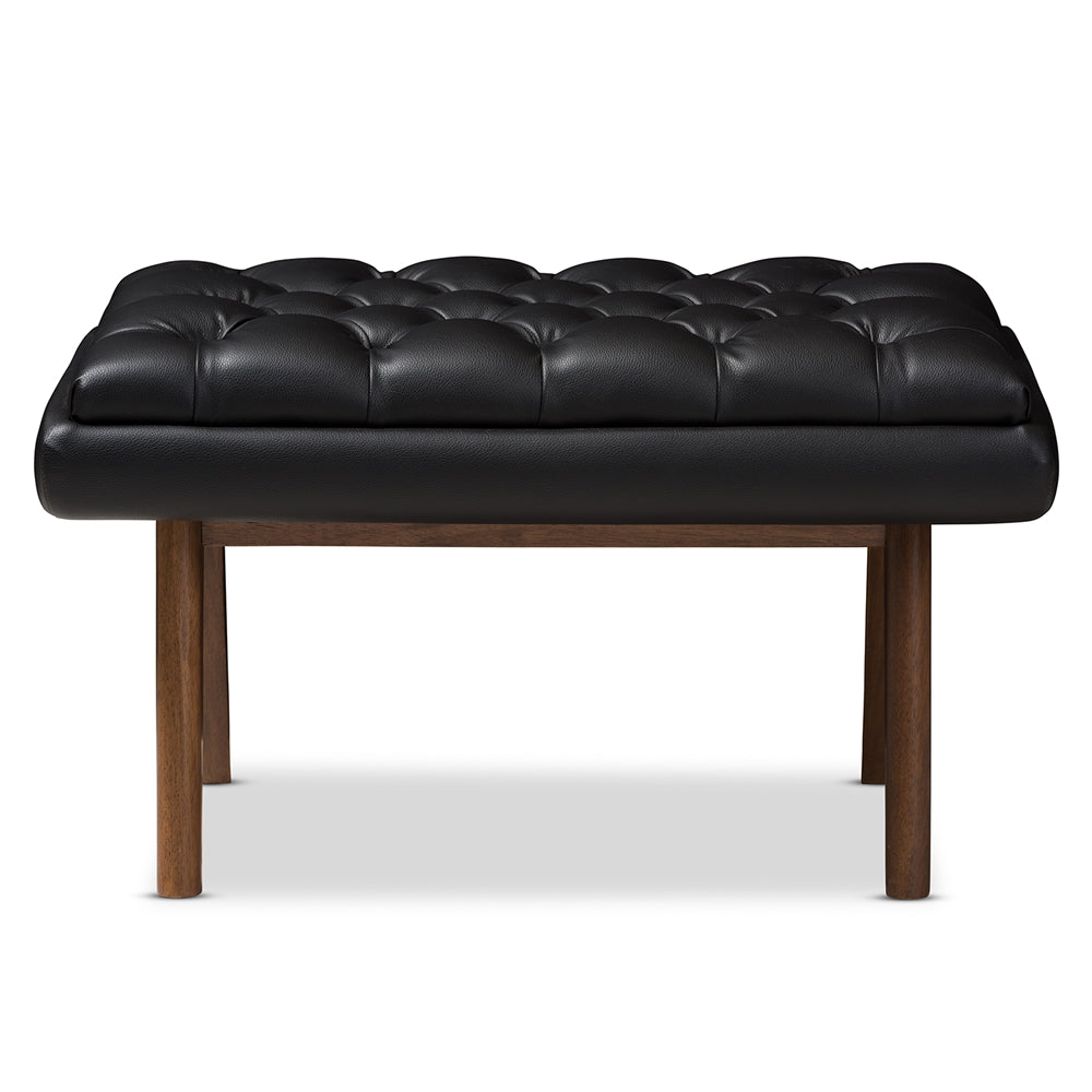 Annetha Mid-Century Modern Black Vegan Leather  Ottoman