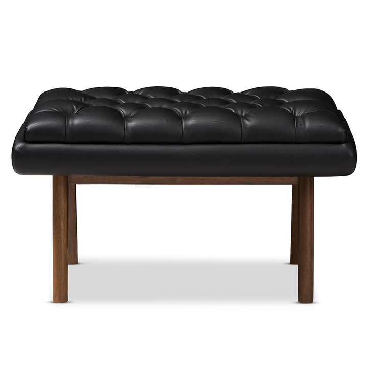 Annetha Mid-Century Modern Black Vegan Leather  Ottoman