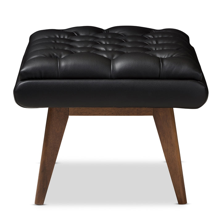 Annetha Mid-Century Modern Black Vegan Leather  Ottoman