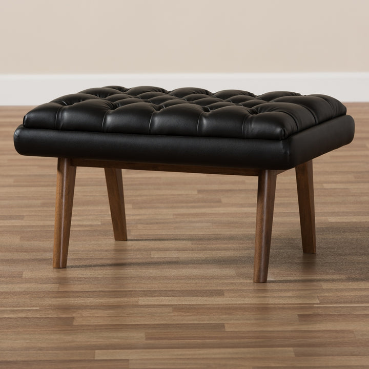 Annetha Mid-Century Modern Black Vegan Leather  Ottoman