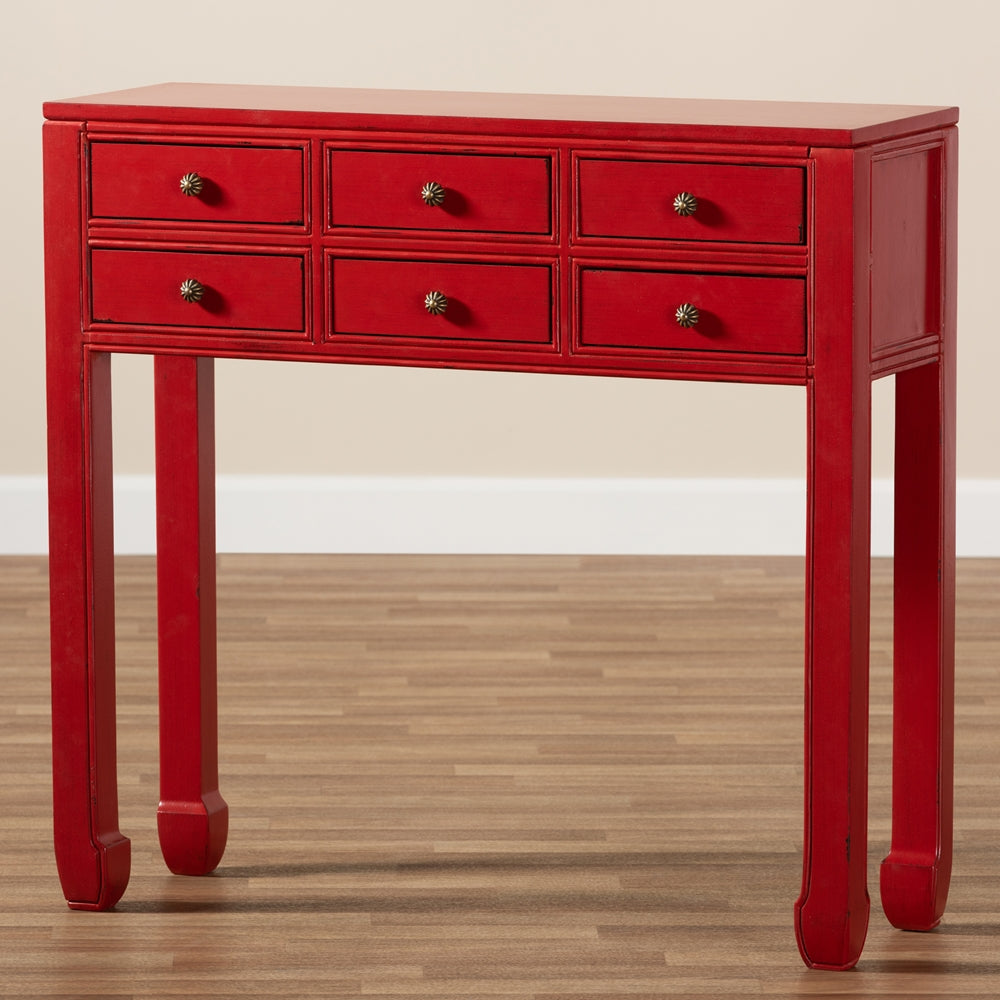 Pomme Classic and Antique Red Finished Wood & Bronze Console Table
