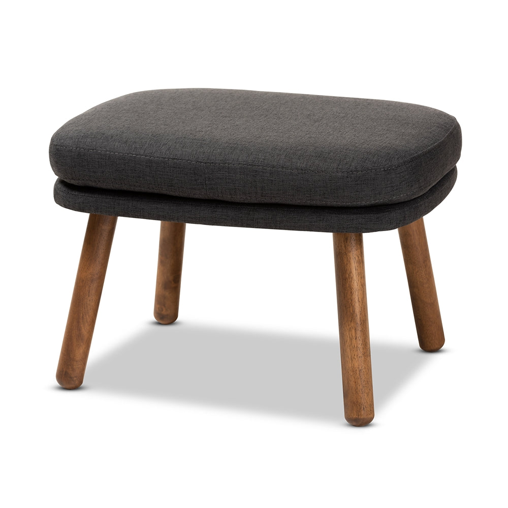 Lovise Mid-Century Modern Dark Grey Fabric Upholstered Walnut Brown Finished Wood Ottoman