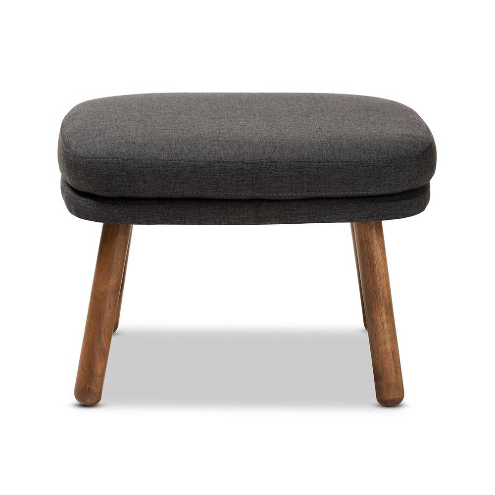 Lovise Mid-Century Modern Dark Grey Fabric Upholstered Walnut Brown Finished Wood Ottoman