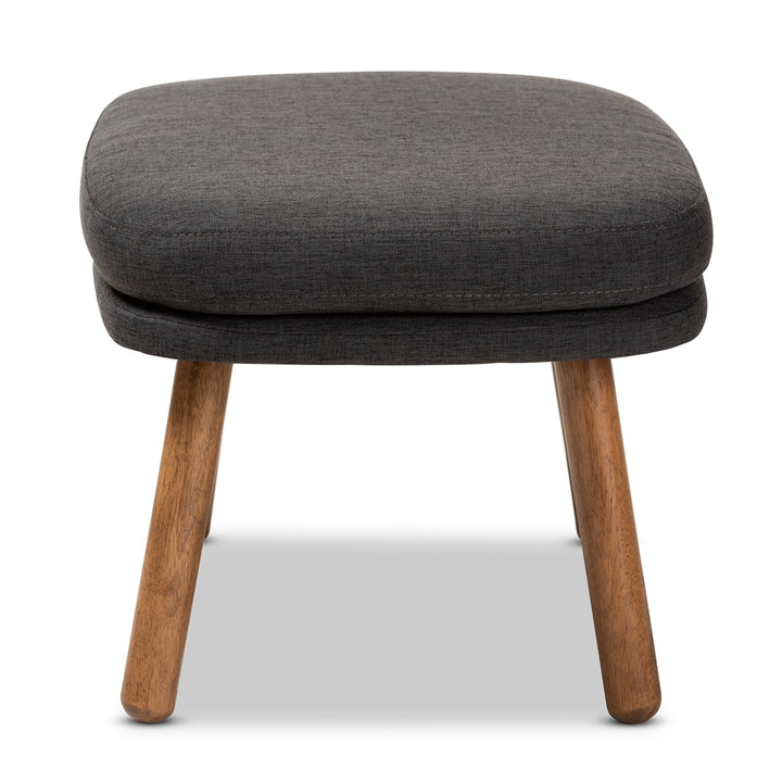 Lovise Mid-Century Modern Dark Grey Fabric Upholstered Walnut Brown Finished Wood Ottoman