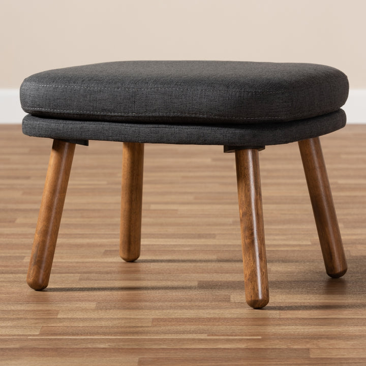Lovise Mid-Century Modern Dark Grey Fabric Upholstered Walnut Brown Finished Wood Ottoman