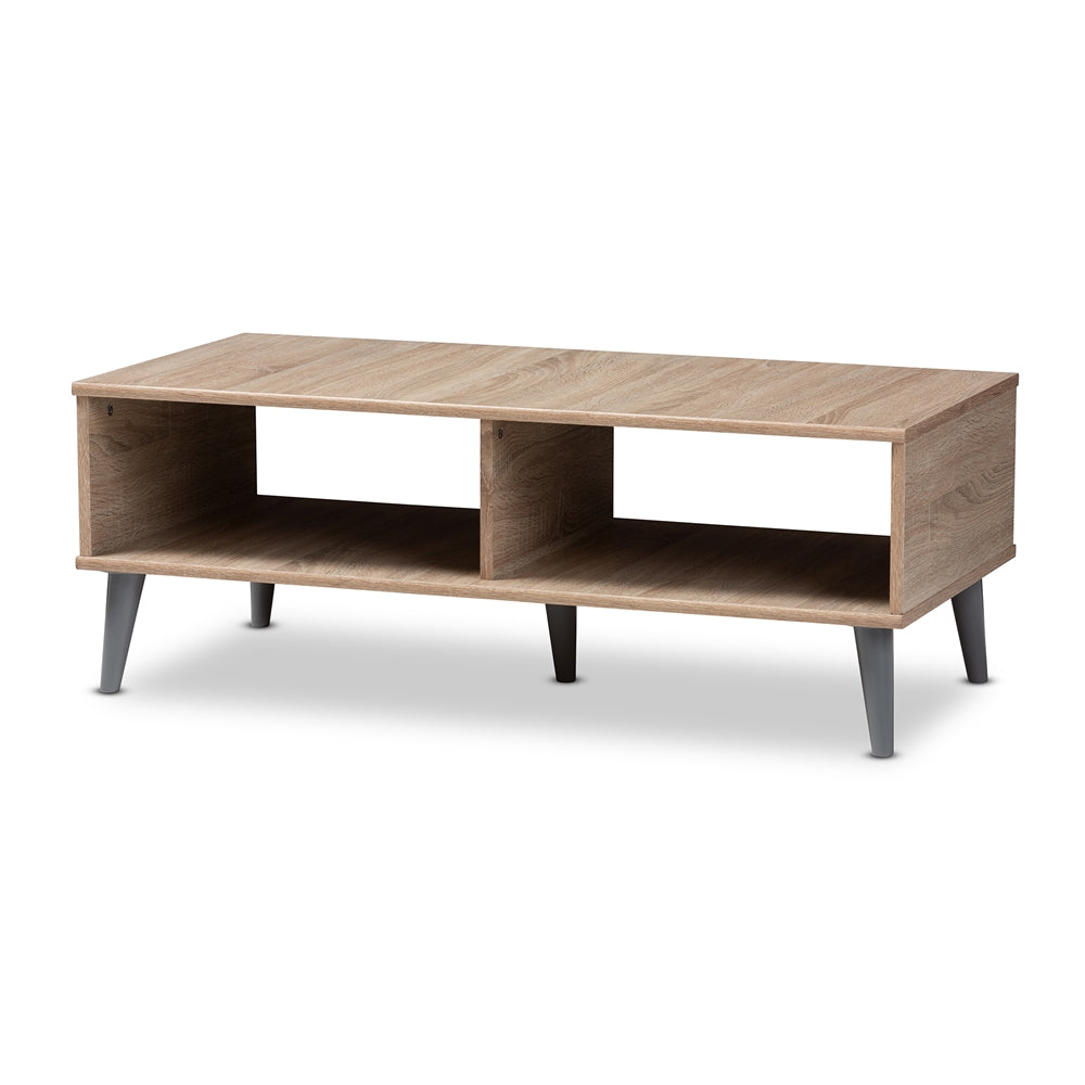 Pierre Mid-Century Modern Oak and Light Grey Wood Coffee Table