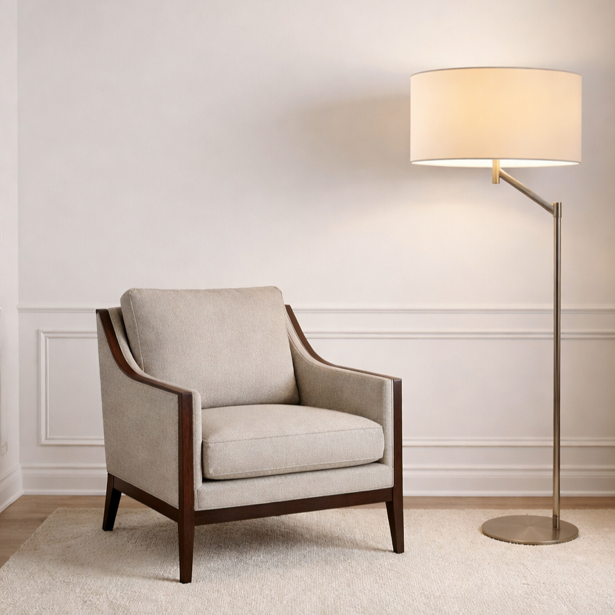 Serene Brushed Nickel Floor Lamp with Rotary Switch Metal Base White Linen Shade
