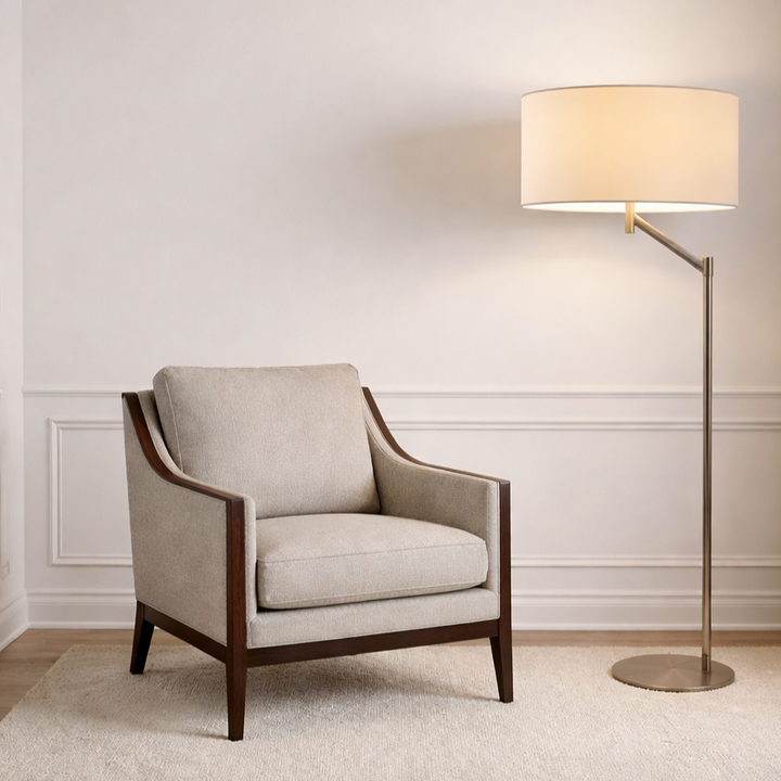 Serene Brushed Nickel Floor Lamp with Rotary Switch Metal Base White Linen Shade