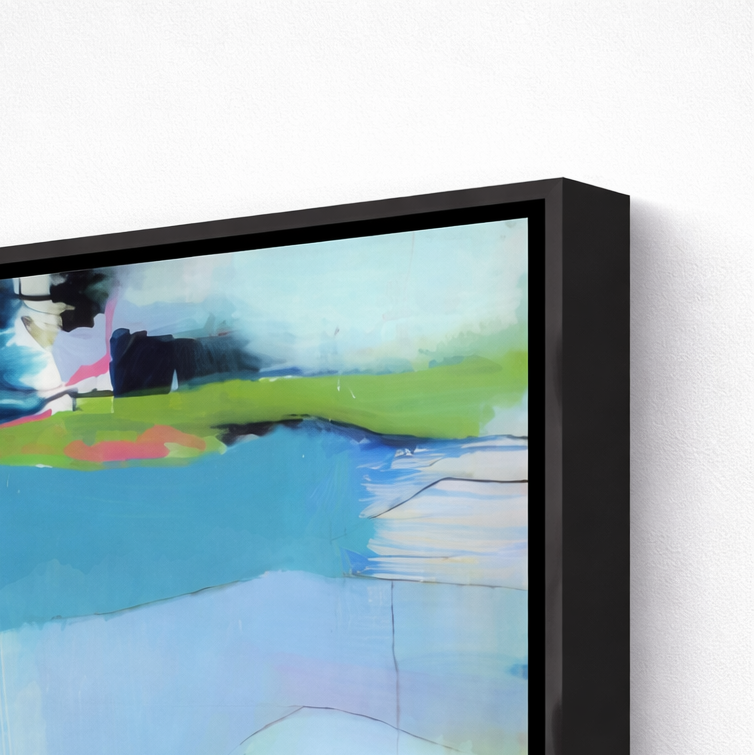 Abstract art piece with colorful brush strokes in a black frame.