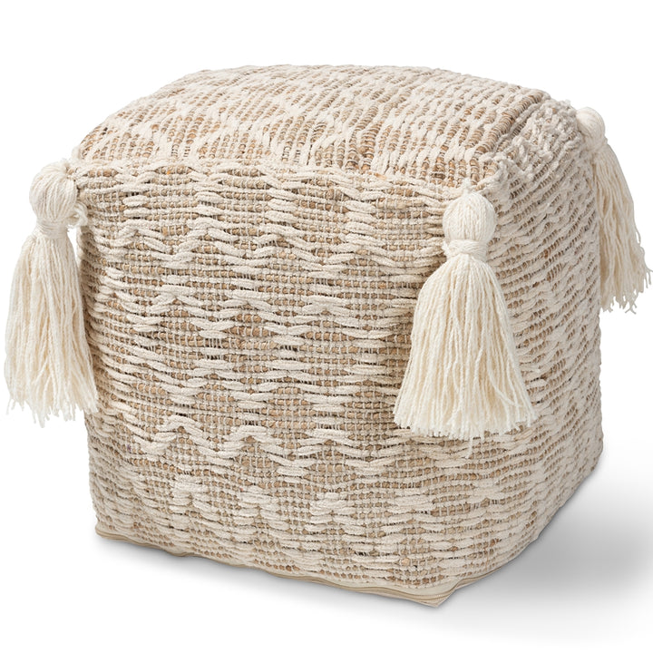 Noland Moroccan Inspired Natural and Ivory Handwoven Cotton and Hemp Pouf Ottoman