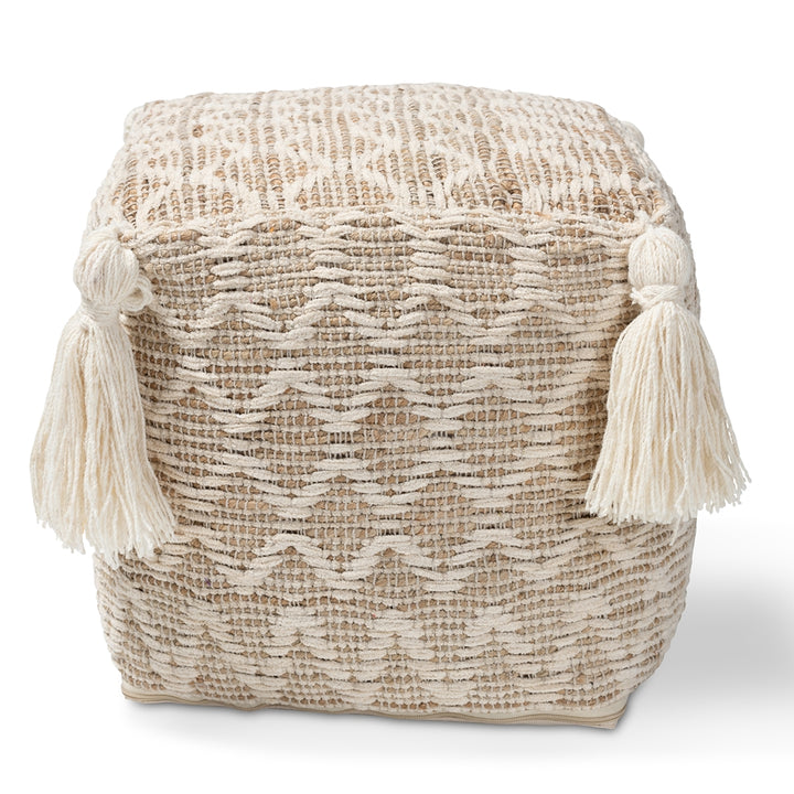 Noland Moroccan Inspired Natural and Ivory Handwoven Cotton and Hemp Pouf Ottoman