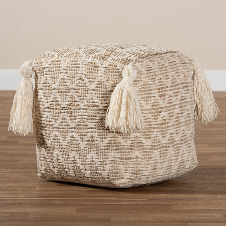 Noland Moroccan Inspired Natural and Ivory Handwoven Cotton and Hemp Pouf Ottoman