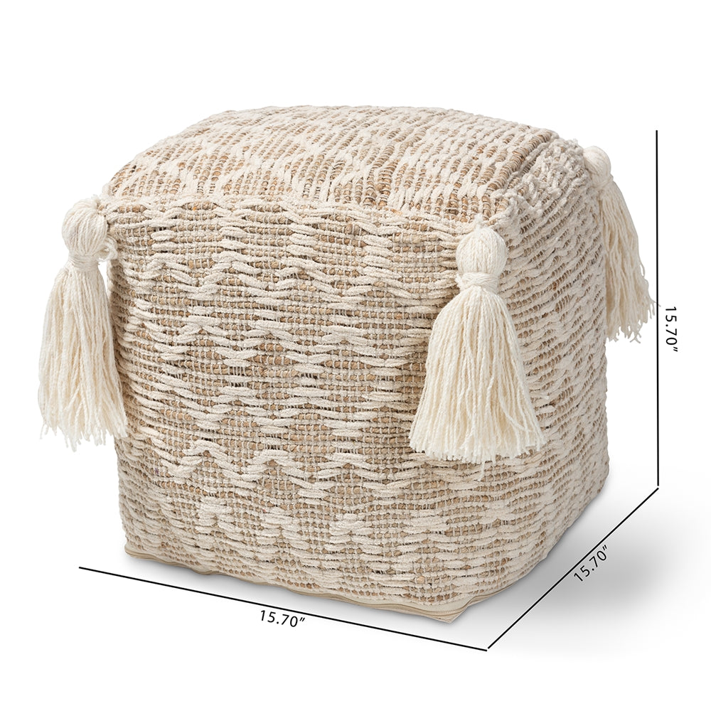 Noland Moroccan Inspired Natural and Ivory Handwoven Cotton and Hemp Pouf Ottoman