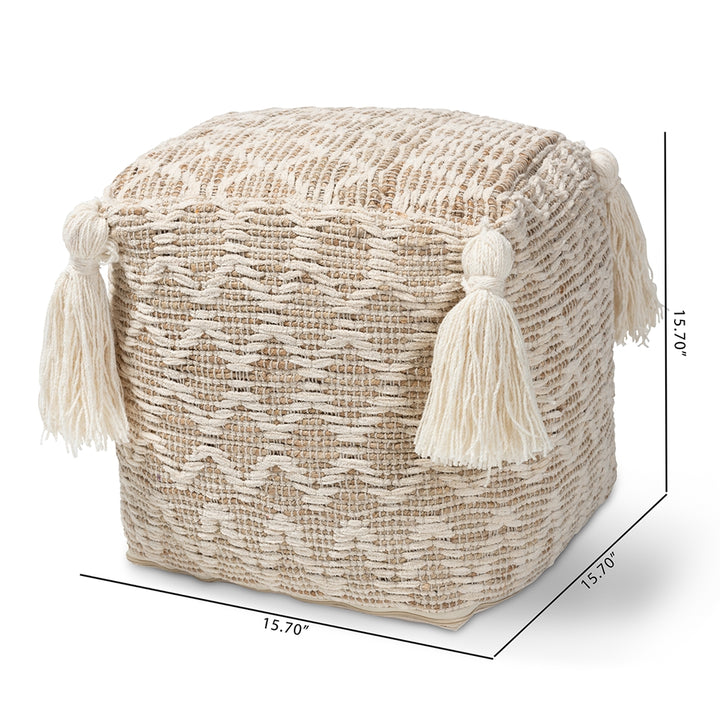 Noland Moroccan Inspired Natural and Ivory Handwoven Cotton and Hemp Pouf Ottoman