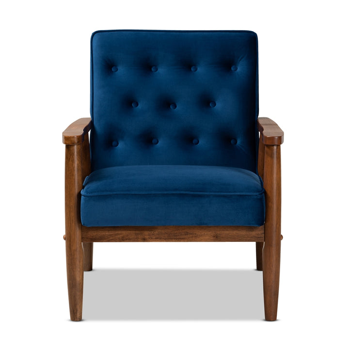 Sorrento Mid-century Navy Blue Velvet Fabric Walnut Lounge Chair