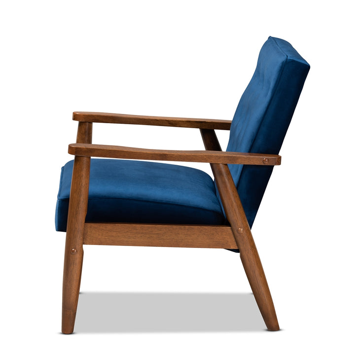 Sorrento Mid-century Navy Blue Velvet Fabric Walnut Lounge Chair