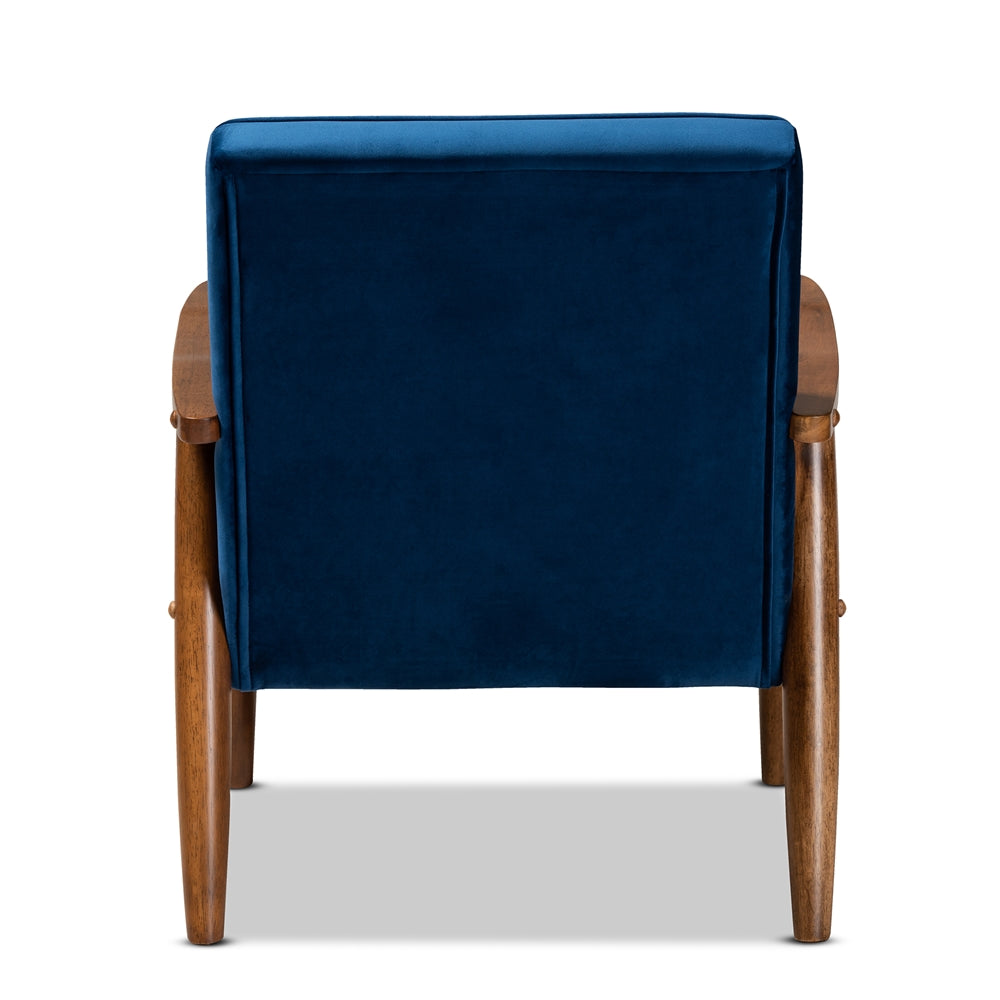Sorrento Mid-century Navy Blue Velvet Fabric Walnut Lounge Chair