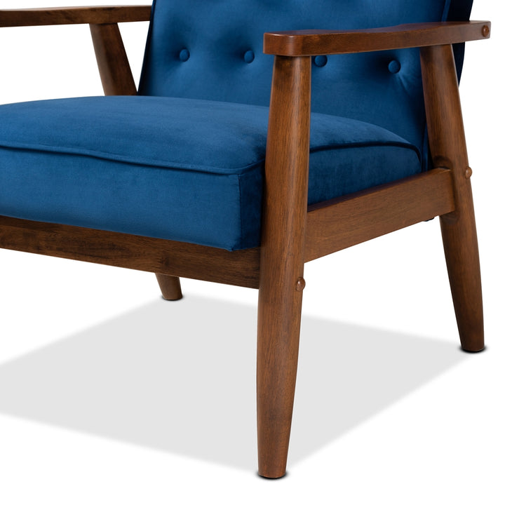 Sorrento Mid-century Navy Blue Velvet Fabric Walnut Lounge Chair