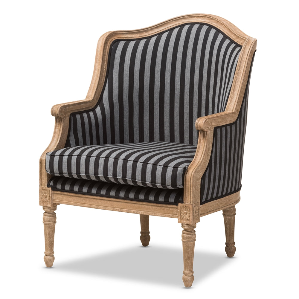 Charlemagne Traditional French Black and Grey Striped Accent Chair
