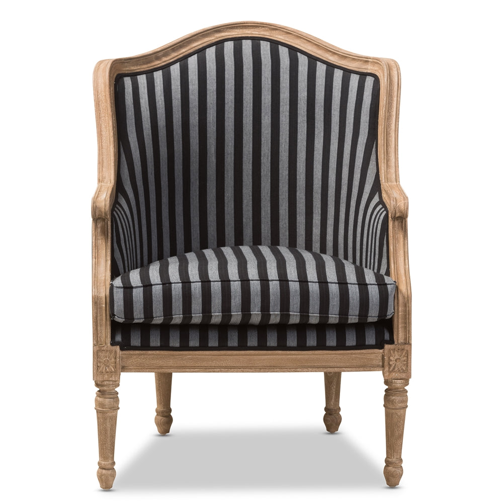 Charlemagne Traditional French Black and Grey Striped Accent Chair