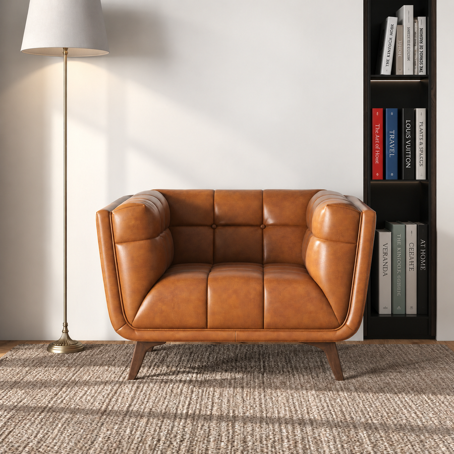 A mid-century modern armchair in warm cognac brown leather, styled in a room setting with a floor lamp, a textured rug, and a bookshelf.