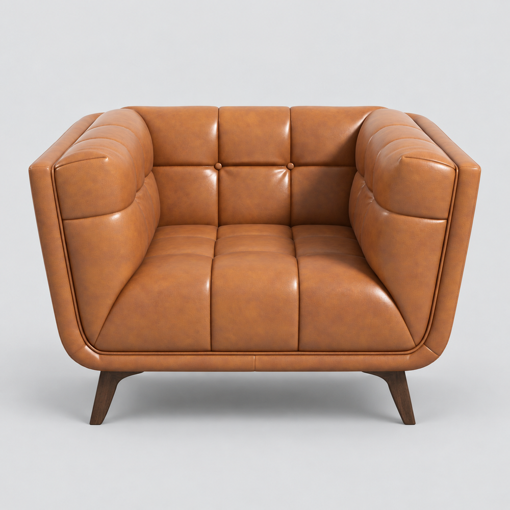 A mid-century modern armchair upholstered in warm tan leather with tufted paneling and dark wood legs, shown against a neutral light gray background.