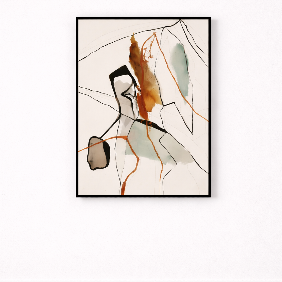 Abstract artwork in a black frame on a white wall with wooden floor.