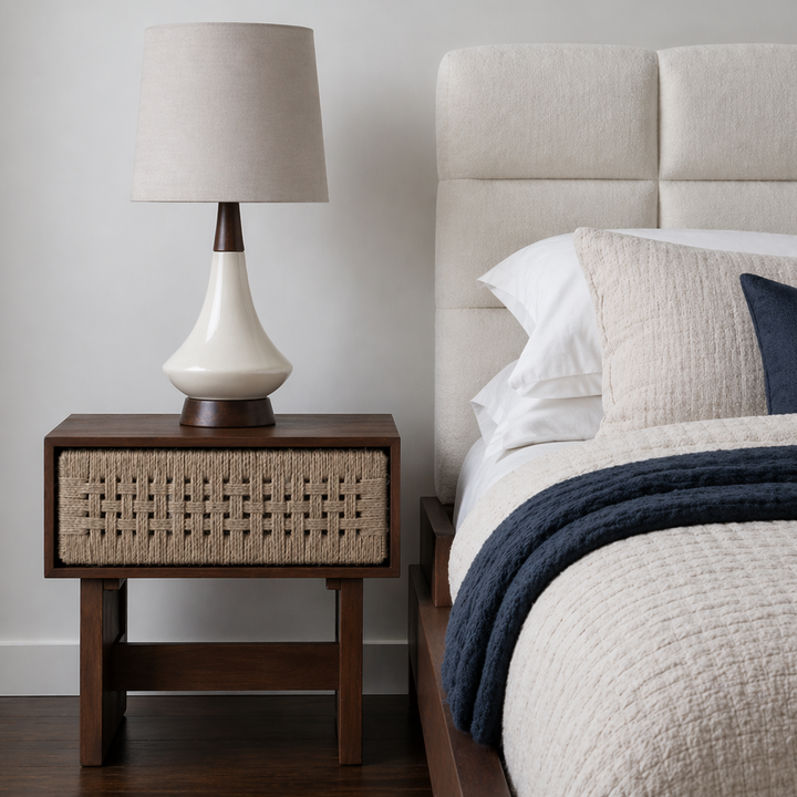 Neatly made bed with beige bedding and pillows next to a wooden nightstand with a lamp.  